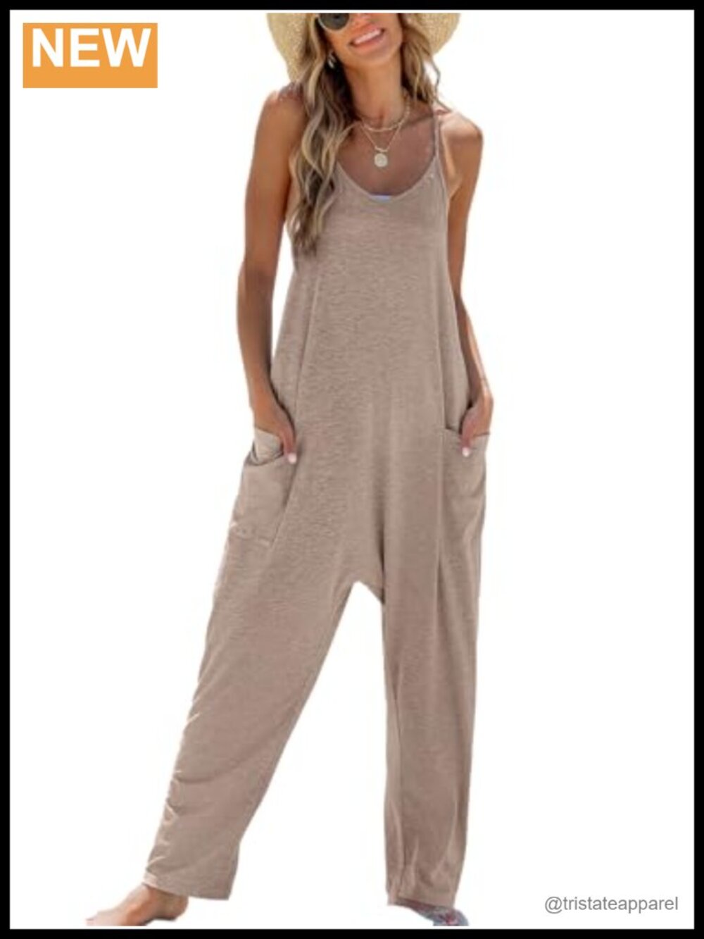 Women's V Neck Spaghetti Strap Sleeveless Wide Leg Jumpsuit with Pockets